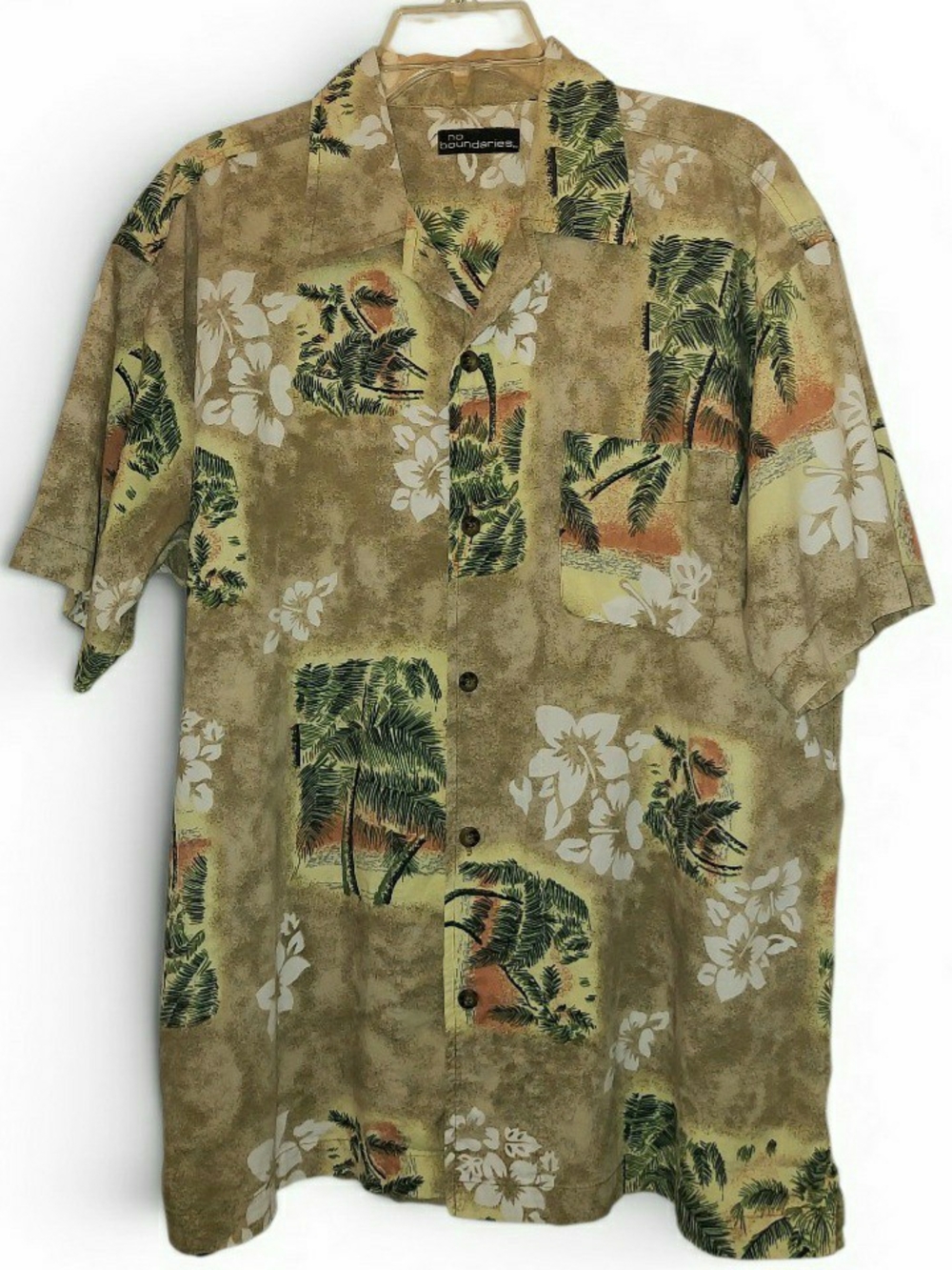 No Boundaries Men's Tan & Green Tropical Button-Down Shirt